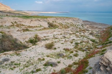 İsrail 'de Ölü Deniz' in maliyetine bakan Yehuda Çölü 'nün manzarası