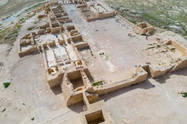 İsrail 'in güneyindeki Negev Çölü' nde, şimdi ulusal bir park olan harap olmuş Antik Nabataean şehri Avdat 'ın hava panoramik bahar manzarası.