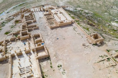 İsrail 'in güneyindeki Negev Çölü' nde, şimdi ulusal bir park olan harap olmuş Antik Nabataean şehri Avdat 'ın hava panoramik bahar manzarası.