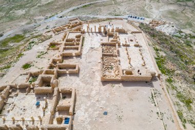 İsrail 'in güneyindeki Negev Çölü' nde, şimdi ulusal bir park olan harap olmuş Antik Nabataean şehri Avdat 'ın hava panoramik bahar manzarası.