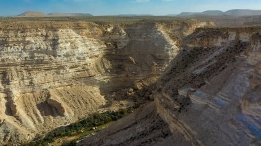 İsrail 'in Negev Çölü' ndeki Avdat Kanyonu (Ein Avdat) üzerinde gün batımı manzaralı Kibbutz Sde Boker gözcüsü. Negev Çölü. İsrail