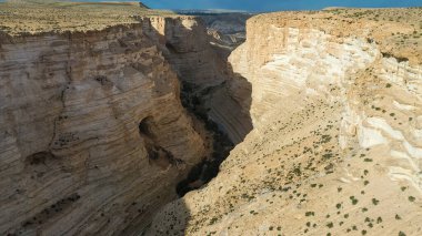 İsrail 'in Negev Çölü' ndeki Avdat Kanyonu (Ein Avdat) üzerinde gün batımı manzaralı Kibbutz Sde Boker gözcüsü. Negev Çölü. İsrail