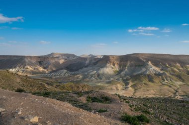 İsrail 'in güneyindeki Negev Çölü' nde, şimdi ulusal bir park olan harap olmuş Antik Nabataean şehri Avdat 'ın hava panoramik bahar manzarası.