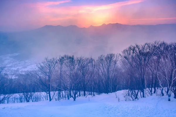 Pohled na západ slunce na vrcholu hory Moiwa v zimním sněhu Royalty Free Stock Obrázky