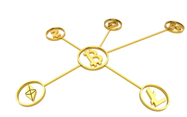 Altın cryptocurrency sembolleri beyaz arka plan gölge yok. 3D render