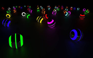 Parlak küreler renkli Neon ışıkları soyut arka plan - 3d çizim
