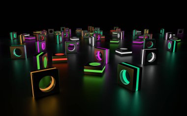 Işıklı geometrik şekiller ve formlar bir siyah - 3d resimde arka plan