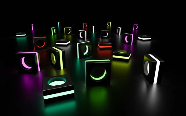 illuminated geometrical figures and forms on a black background - 3D illustration