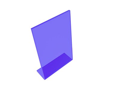 Beyaz arka planda mavi akrilik veya plastik masa standı ekranı. 3d render