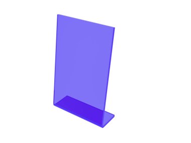 Beyaz arka planda mavi akrilik veya plastik masa standı ekranı. 3d render