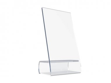 Beyaz arka planda şeffaf akrilik veya plastik masa standı ekranı. 3d render