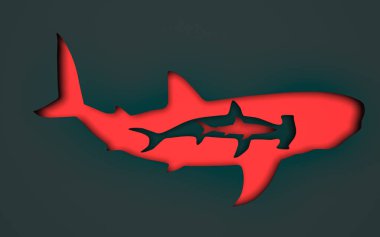 siyah ve kırmızı kağıt köpekbalığı arka plan kesti. 3d render