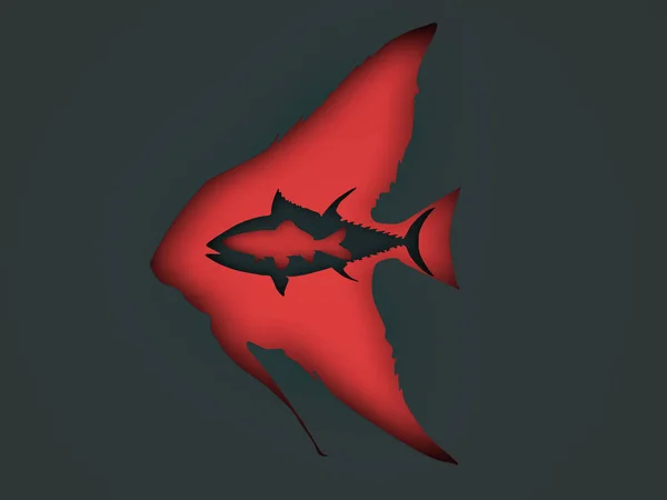Papel preto e vermelho cortar fundo peixe. Renderização 3D — Fotografia de Stock