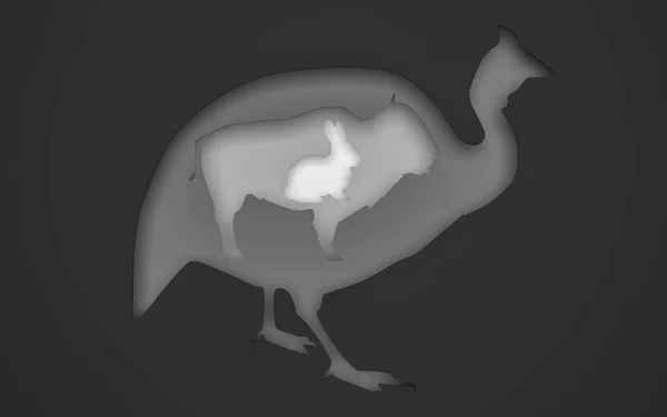 Zwart en grijs papier knippen vogel en dieren achtergrond. 3D-rendering — Stockfoto