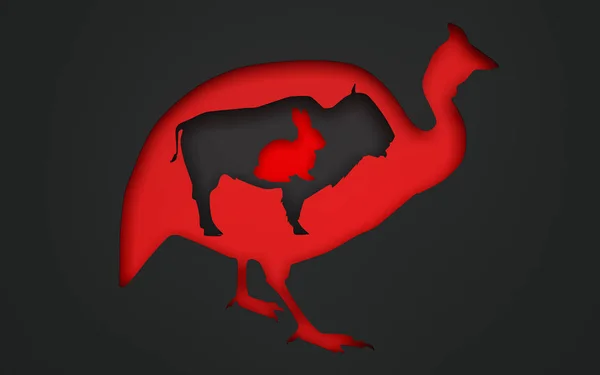 Czarny i czerwony papier wyciąć ptaka i zwierząt tle. Renderowanie 3D — Zdjęcie stockowe