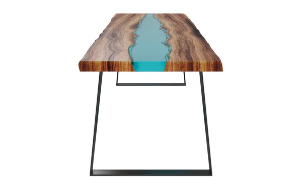 Beyaz arka planda epoksi reçine bulunan canlı kenar ahşap masa. 3B illüstrasyon