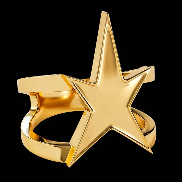 Arany Csillag Alakú Gyűrű Fekete Háttérrel Elszigetelt Renderelés — Stock Fotó