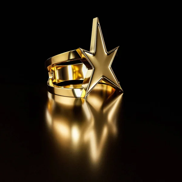 Arany Csillag Alakú Gyűrű Fekete Háttérrel Elszigetelt Renderelés — Stock Fotó