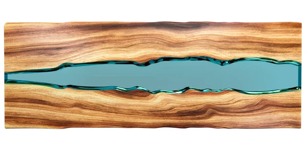Beyaz arka planda epoksi reçine bulunan canlı kenar ahşap masa. 3B illüstrasyon
