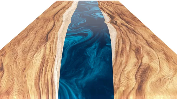 Beyaz arka planda epoksi reçine bulunan canlı kenar ahşap masa. 3B görüntüleme