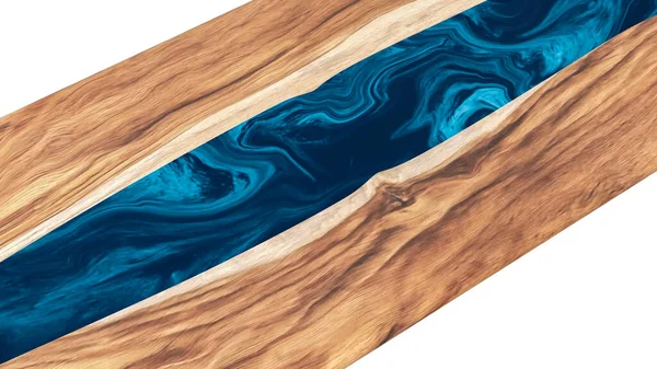 Beyaz arka planda epoksi reçine bulunan canlı kenar ahşap masa. 3B görüntüleme