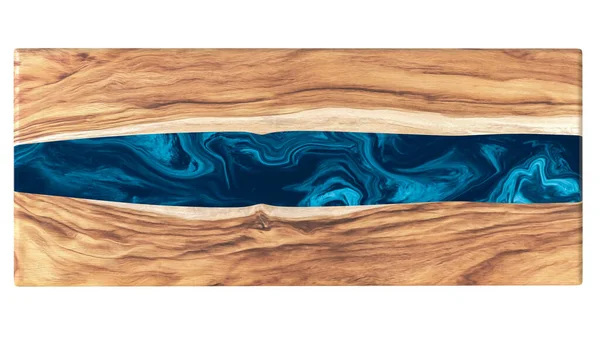 Beyaz arka planda epoksi reçine bulunan canlı kenar ahşap masa. 3B görüntüleme