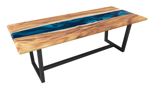 Beyaz arka planda epoksi reçine bulunan canlı kenar ahşap masa. 3B görüntüleme
