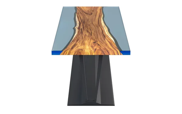 白い背景に青透明エポキシ樹脂とのライブエッジ木製のテーブル 3Dレンダリング — ストック写真