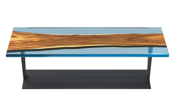 Beyaz arka planda mavi şeffaf epoksi reçineli canlı ahşap masa. 3B görüntüleme