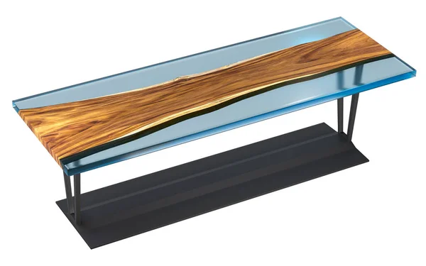 Beyaz arka planda mavi şeffaf epoksi reçineli canlı ahşap masa. 3B görüntüleme