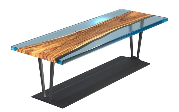 Mesa Madera Borde Vivo Con Resina Epoxi Azul Transparente Sobre Imágenes De Stock Sin Royalties Gratis