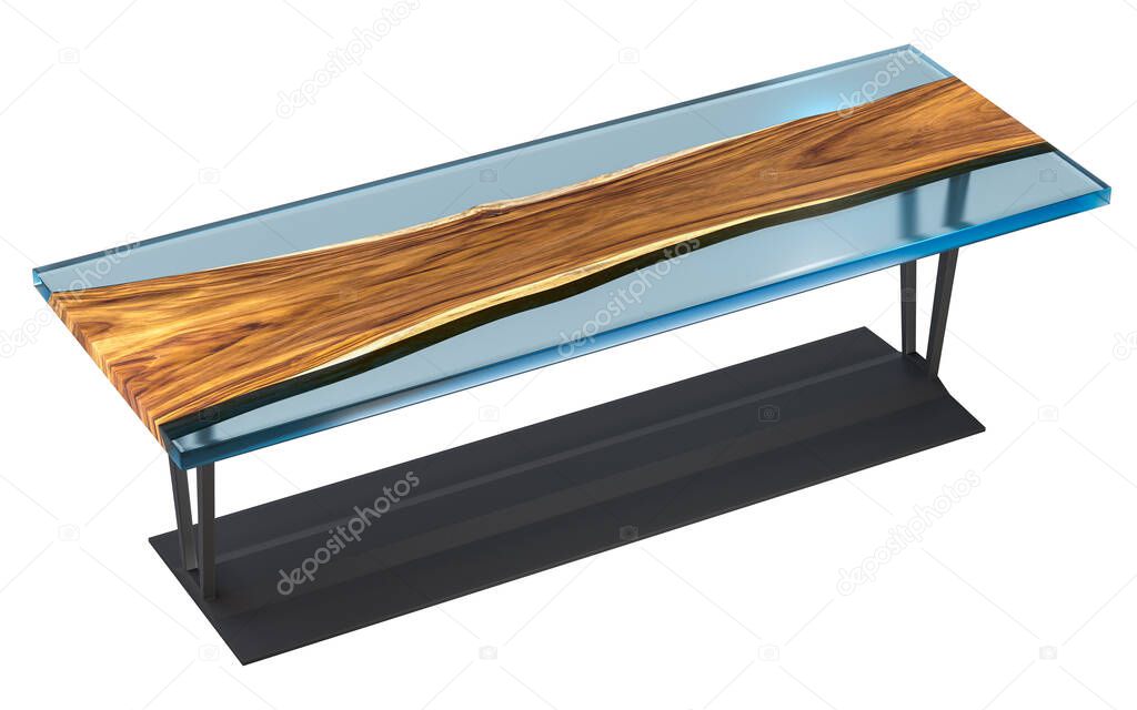 Live edge wooden table with blue transparent epoxy resin on a white background. 3D rendering