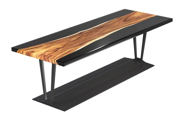 Beyaz arka planda siyah epoksi reçineli canlı ahşap masa. İzole edilmiş. 3B görüntüleme