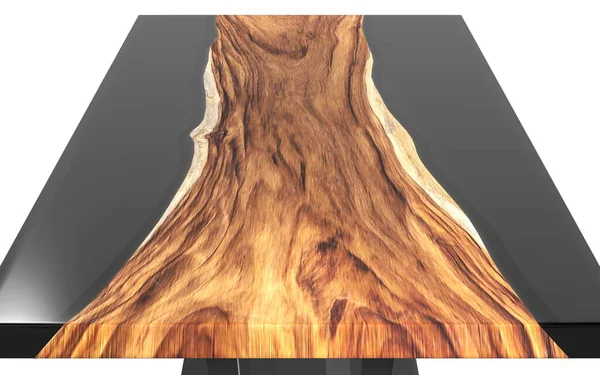 Live edge wooden table with black epoxy resin on a white background. Isolated. 3D rendering