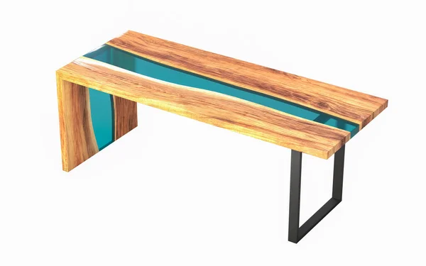 Live edge wooden table with epoxy resin on a white background. 3D rendering