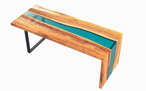Beyaz arka planda epoksi reçine bulunan canlı kenar ahşap masa. 3B görüntüleme