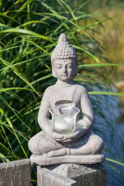 Buda heykeli doğal arka planda. Parkta güneşli bir sabah. Meditasyon ve rahatlama için yaz arkaplanı. 