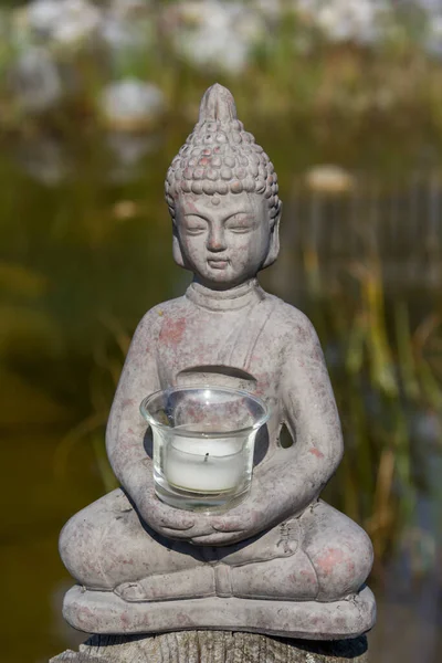 Статуя Будди Природному Тлі Сонячний Ранок Парку Літній Фон Медитації — стокове фото