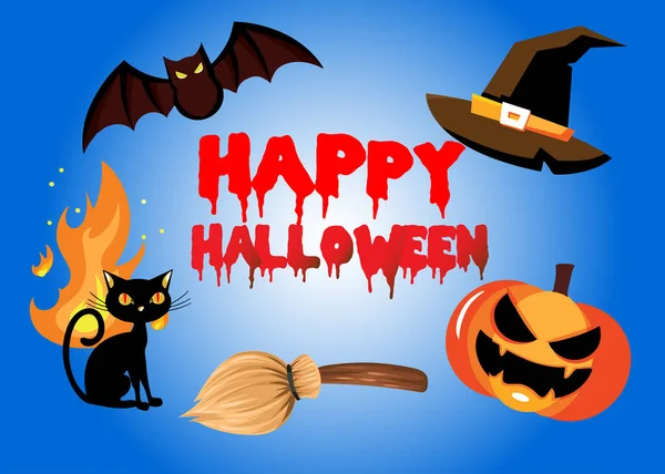 Boldog Halloween Készlet Denevérek Tök Macska Tűz Kalap Halloween Üdvözlőkártya — Stock Vector