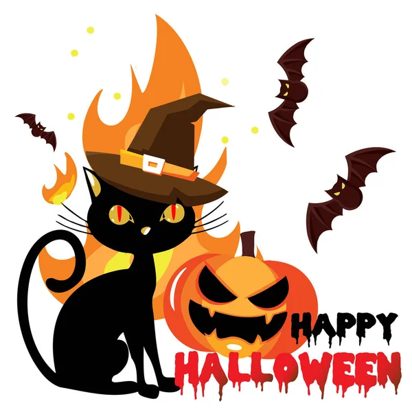 Glad Halloween Set Med Fladdermöss Pumpa Katt Eld Och Hatt — Stock vektor