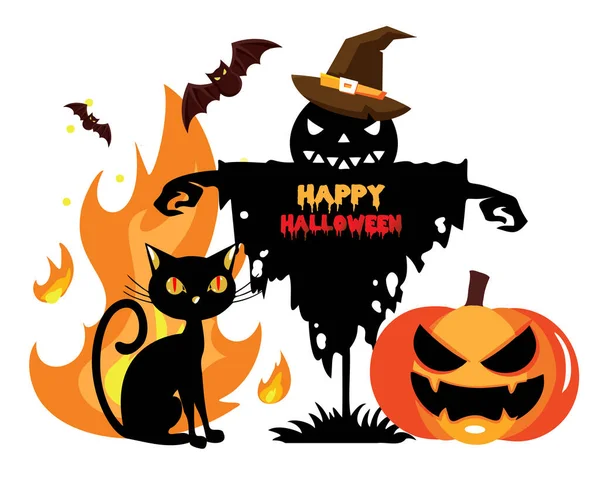 Feliz Banner Halloween Com Morcegos Abóbora Gato Fogo Chapéu Cartão — Fotografia de Stock