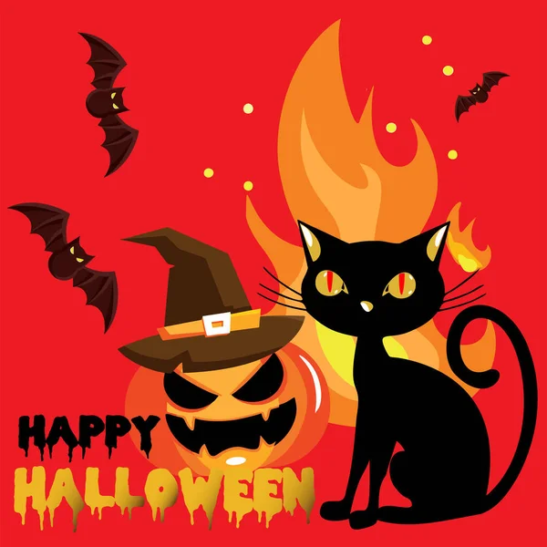 Halloween Feliz Conjunto Com Morcegos Abóbora Gato Fogo Chapéu Halloween — Vetor de Stock