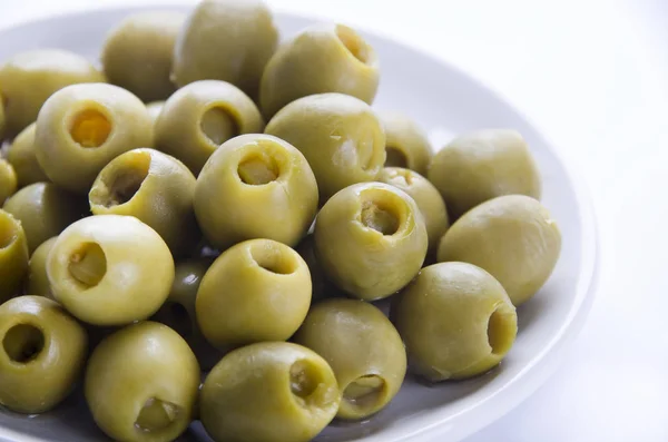 Olives Stuffed White Plate Closeup — Stock Photo, Image