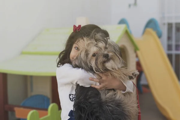 Niña Con Perro Cerca Del Control Deslizante Casa Juguete — Foto de Stock