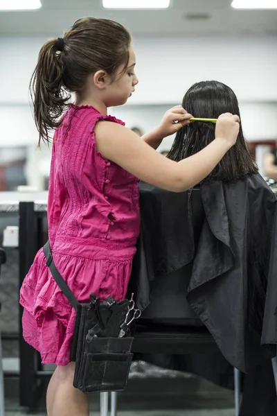 Young Little Girl Combing Cutting Other Hirl Hair — 스톡 사진