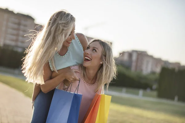 Two sister playing on shoulder after shopping in sunset image