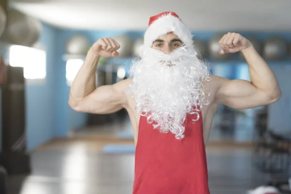 Fuerte Santa Claus Posando Gimnasio Después Las Vacaciones Navidad Sin — Foto de Stock