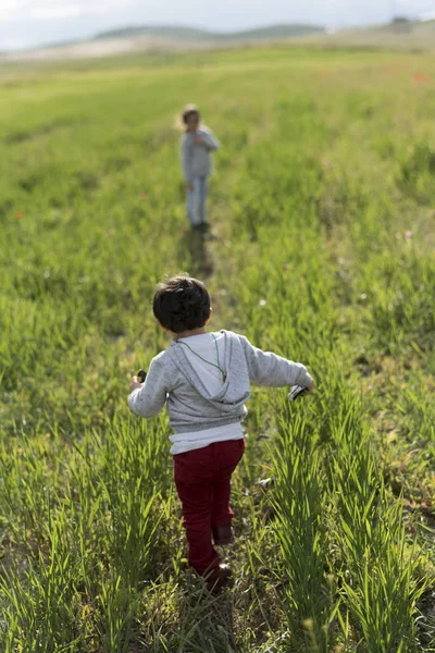 Two Siblings Running Spring Field — Stock Photo, Image