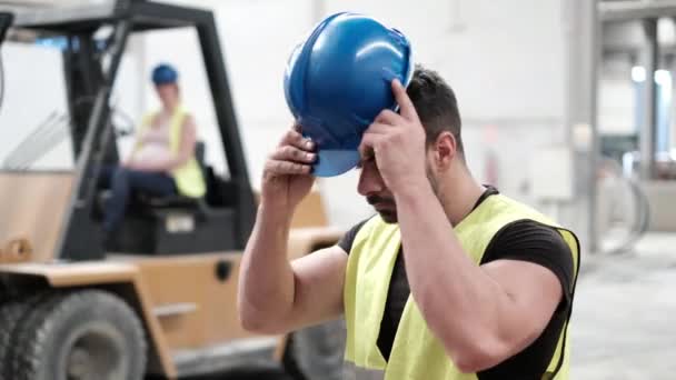 Male Factory Worker Helmet Smiling Camera Video — Stock Video