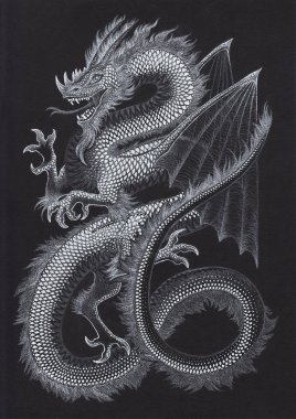 Bir beyaz kalemle çizilmiş üç dragons (Bu bir ile dört bacaklar artı kanatları),.